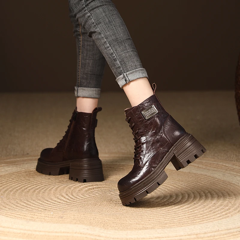 【翔子女鞋】春秋季冬季英伦风靴子时尚百搭复古粗跟圆头厚底马丁靴