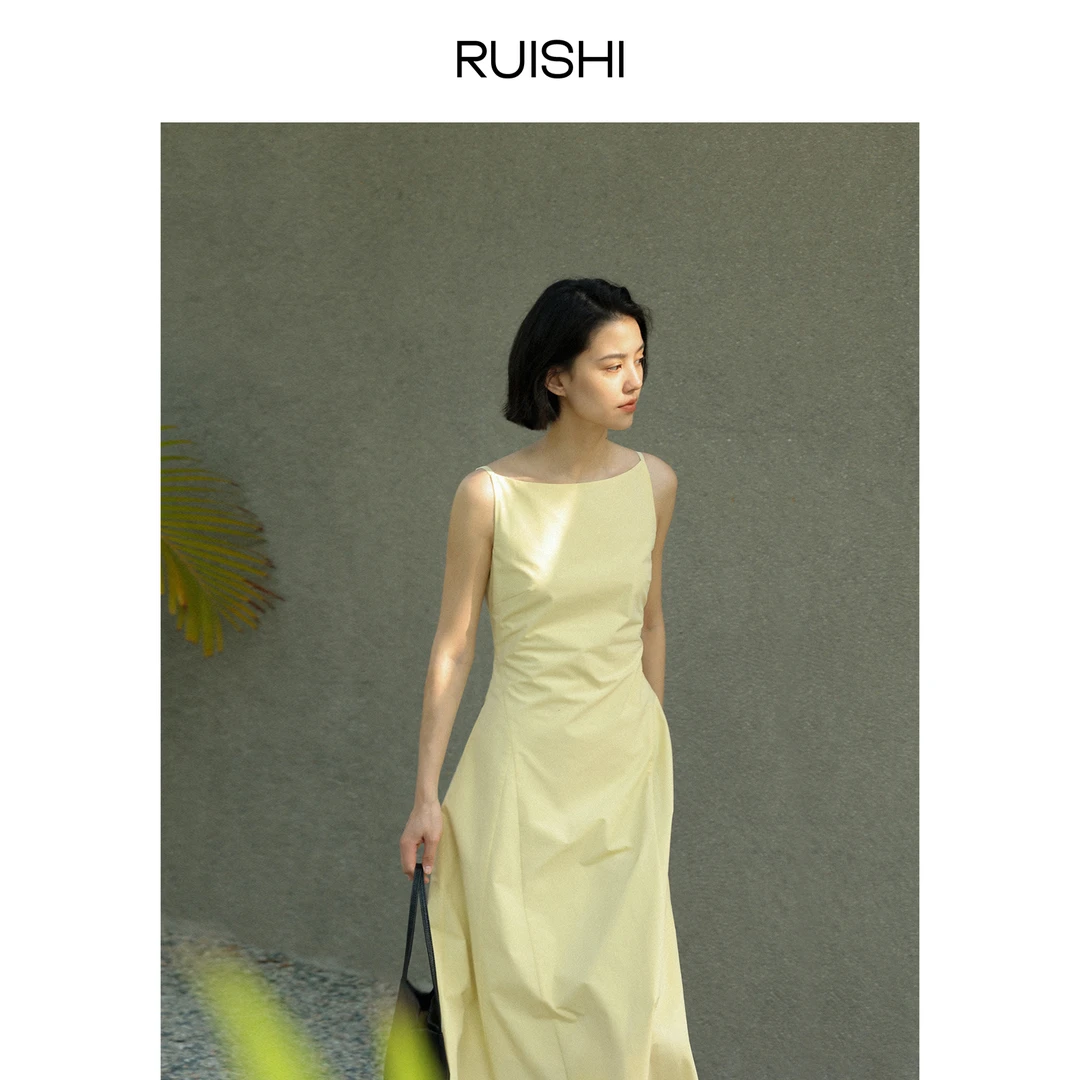 RUISHI芮时纯棉不对称设计复古法式高位一字肩气质连衣裙子女春夏