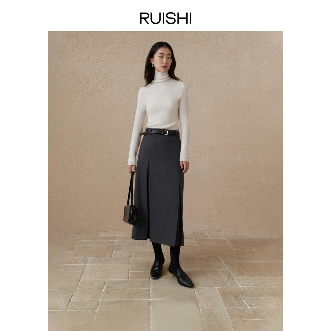 RUISHI芮时 复古百搭设计感立体显瘦百褶裙气质直筒半身裙女秋冬