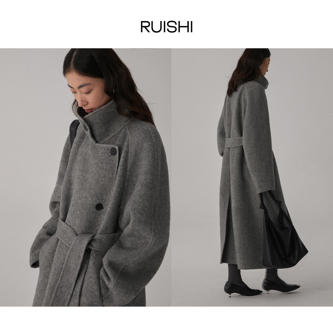 RUISHI芮时重磅驼绒桑蚕丝羊毛慵懒风两穿领毛呢大衣女秋冬外套女