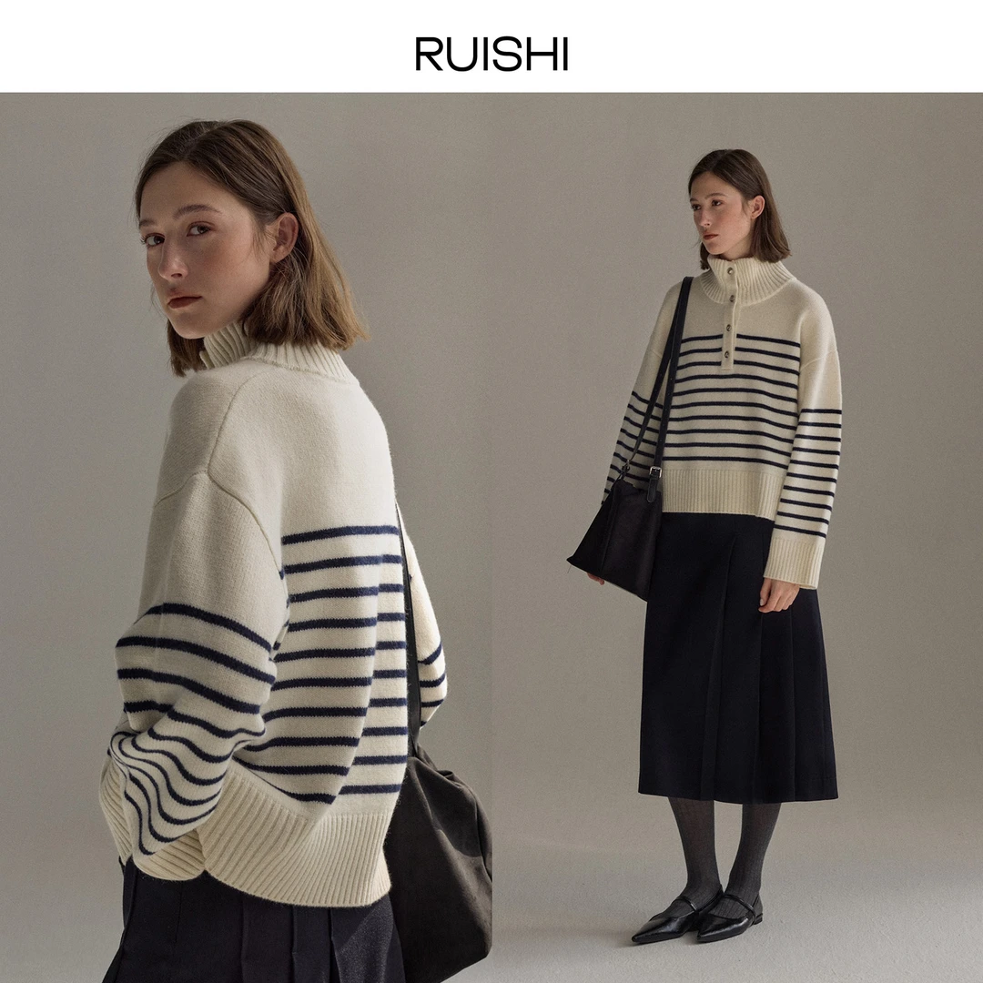 RUISHI芮时知识分子100绵羊毛立领显瘦条纹毛衣女冬R24D107810