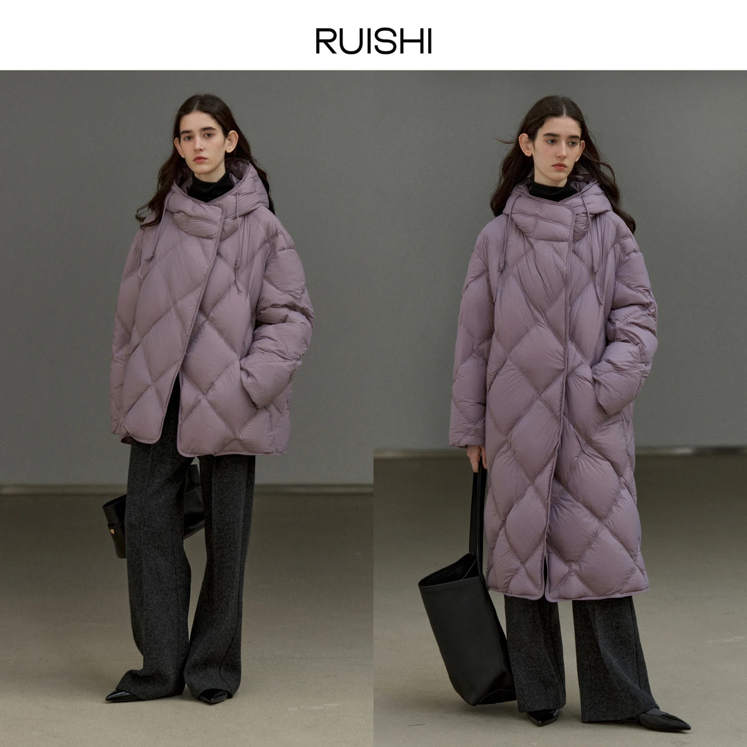 【达人】RUISHI芮时 90白鸭绒云朵泡芙菱形格中长款连帽羽绒服女冬1