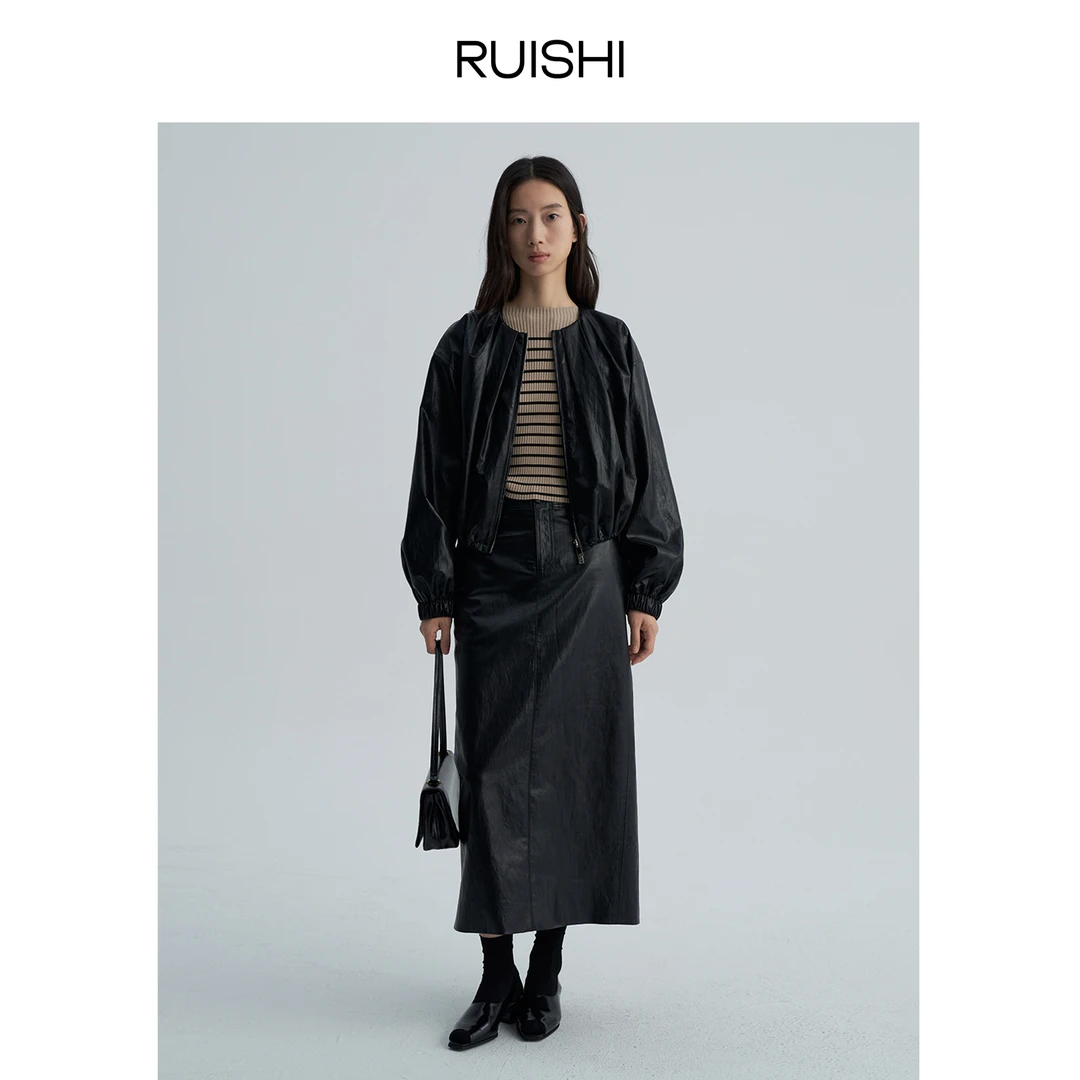 【DB】RUISHI芮时 造型穿搭随性圆领叠褶拉链夹克时髦pu皮衣