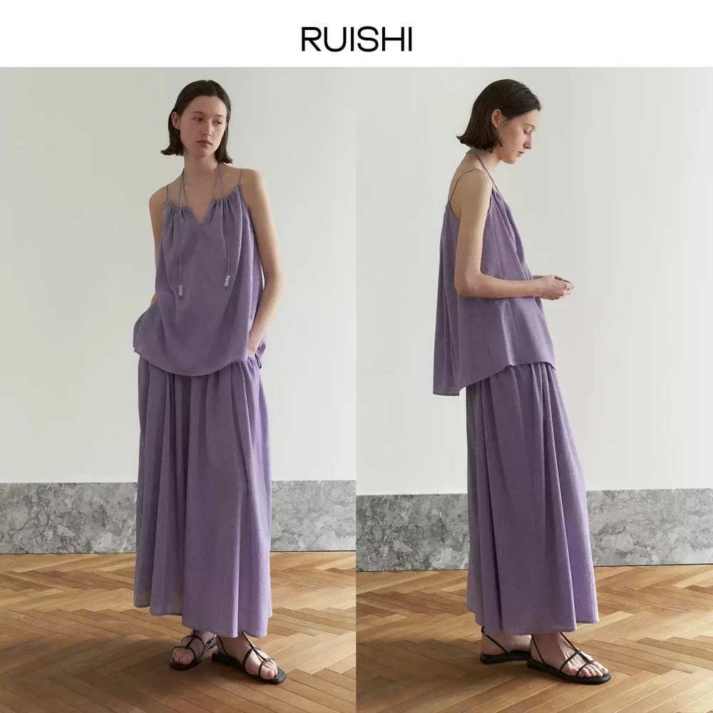 RUISHI芮时 亚麻混纺面料法式度假风休闲显瘦吊带半身裙裤女夏季