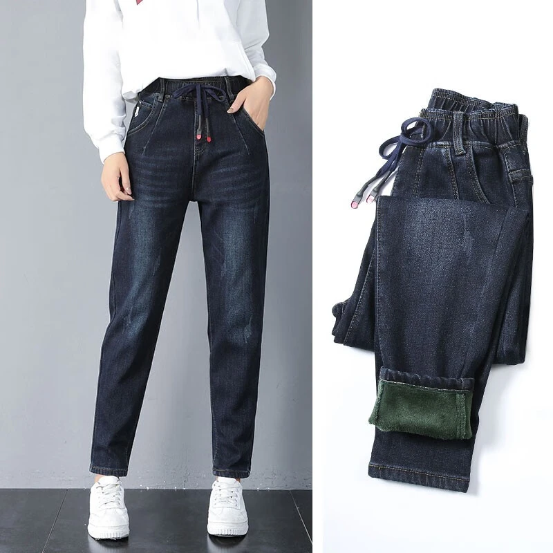 牛仔裤女弹力宽松冬外穿松紧腰加厚哈伦裤子