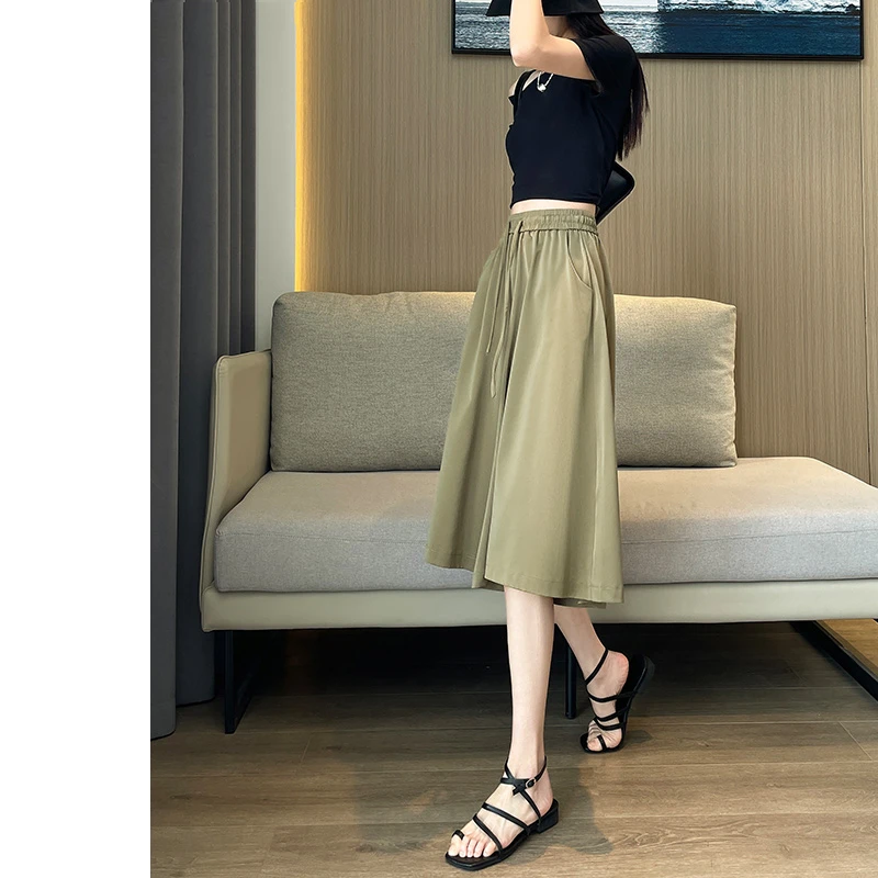 大码阔腿裤女七分裤2024新款丝滑裤裙夏天薄款休闲宽松百搭慵懒风