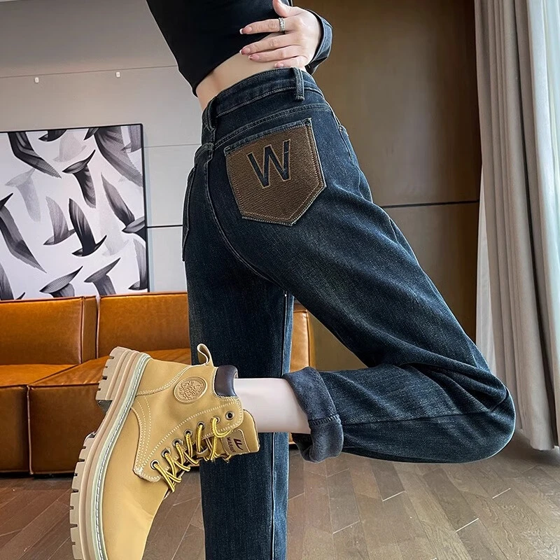 加绒哈伦牛仔裤女冬季加厚高腰直筒宽松大尺码显瘦小个子老爹裤潮