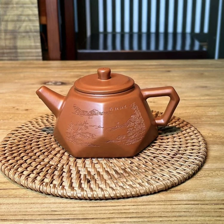 六方钻石壶紫砂原矿朱泥山水刻绘小容量单人壶红泥大红半手壶高档