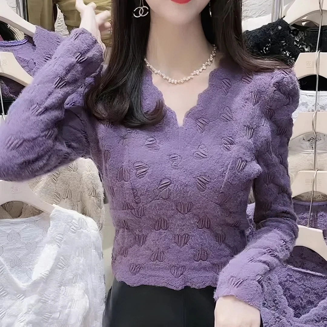 蕾丝打底衫女秋冬季新款韩版磨毛泡泡袖修身显瘦小衫上衣长袖