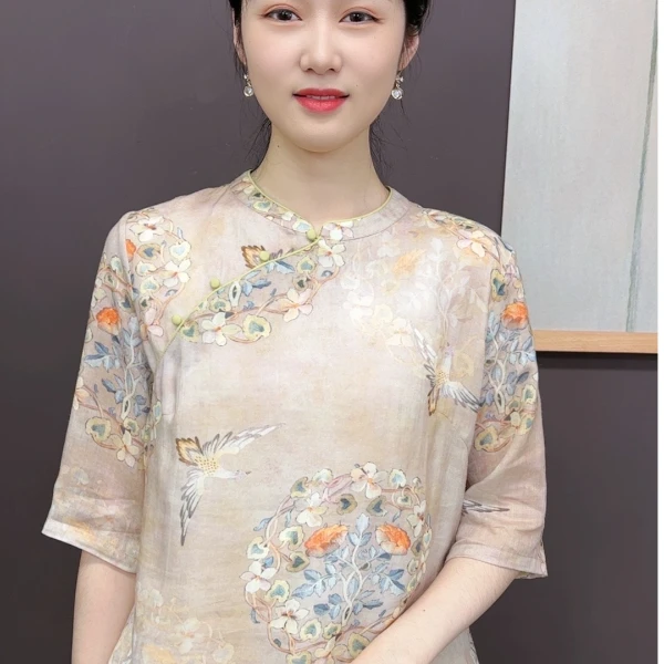十三姨 2024春夏季新款苎麻数码印花复古文艺小上衣女国风新中式