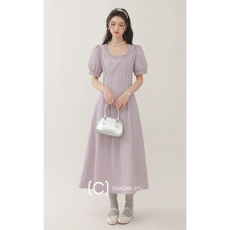 CHACHASTU【盛夏晚风】新丁香紫 收腰抽褶显瘦气质连衣裙    H3465W