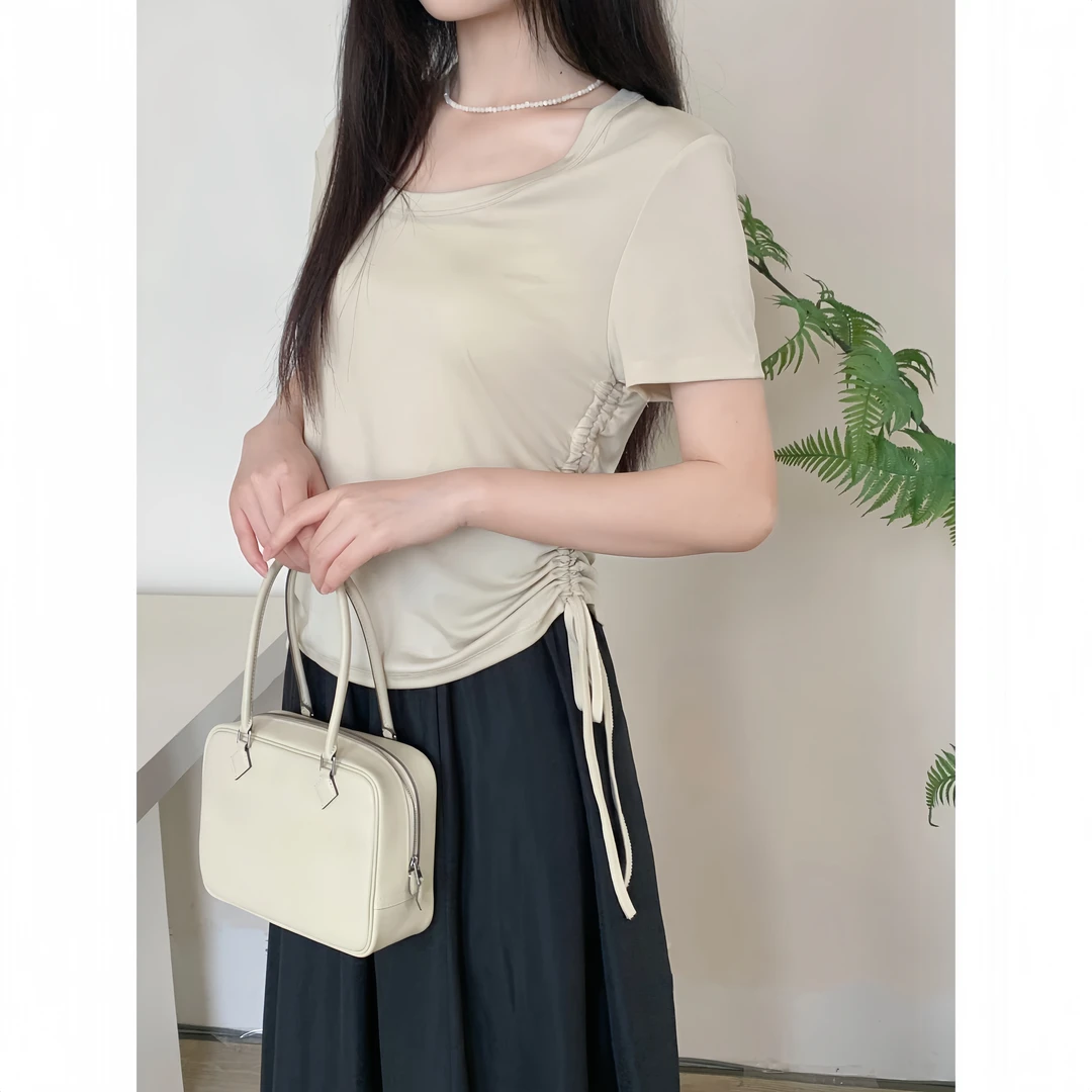 CHACHASTU夏季时尚百搭减龄设计感百褶显瘦气质圆领短袖T恤  BY90