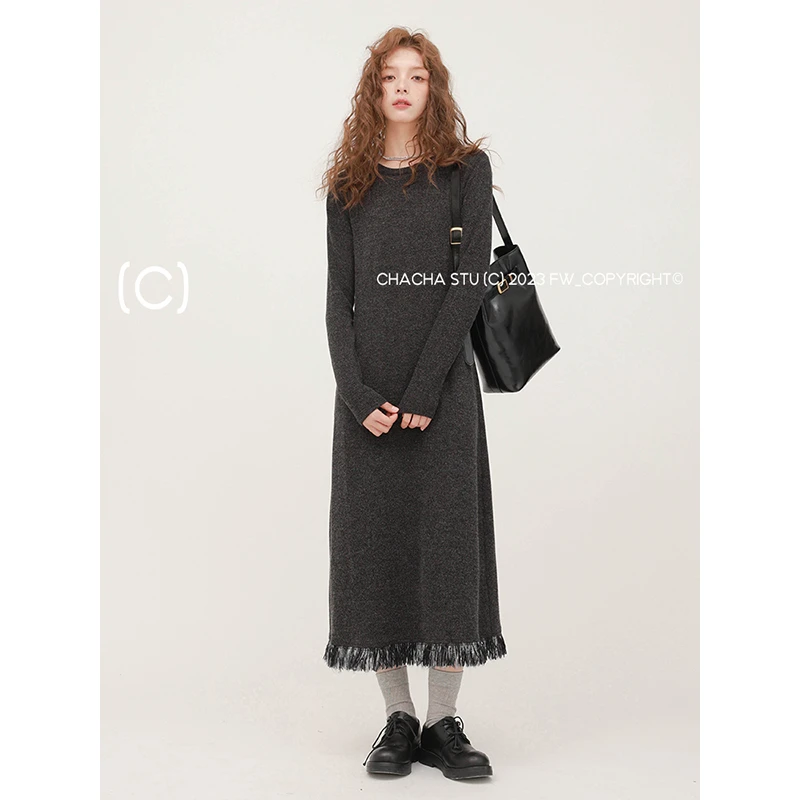 CHACHASTU  黑松露流苏系列气质复古百搭圆领秋冬连衣裙   ZRS617