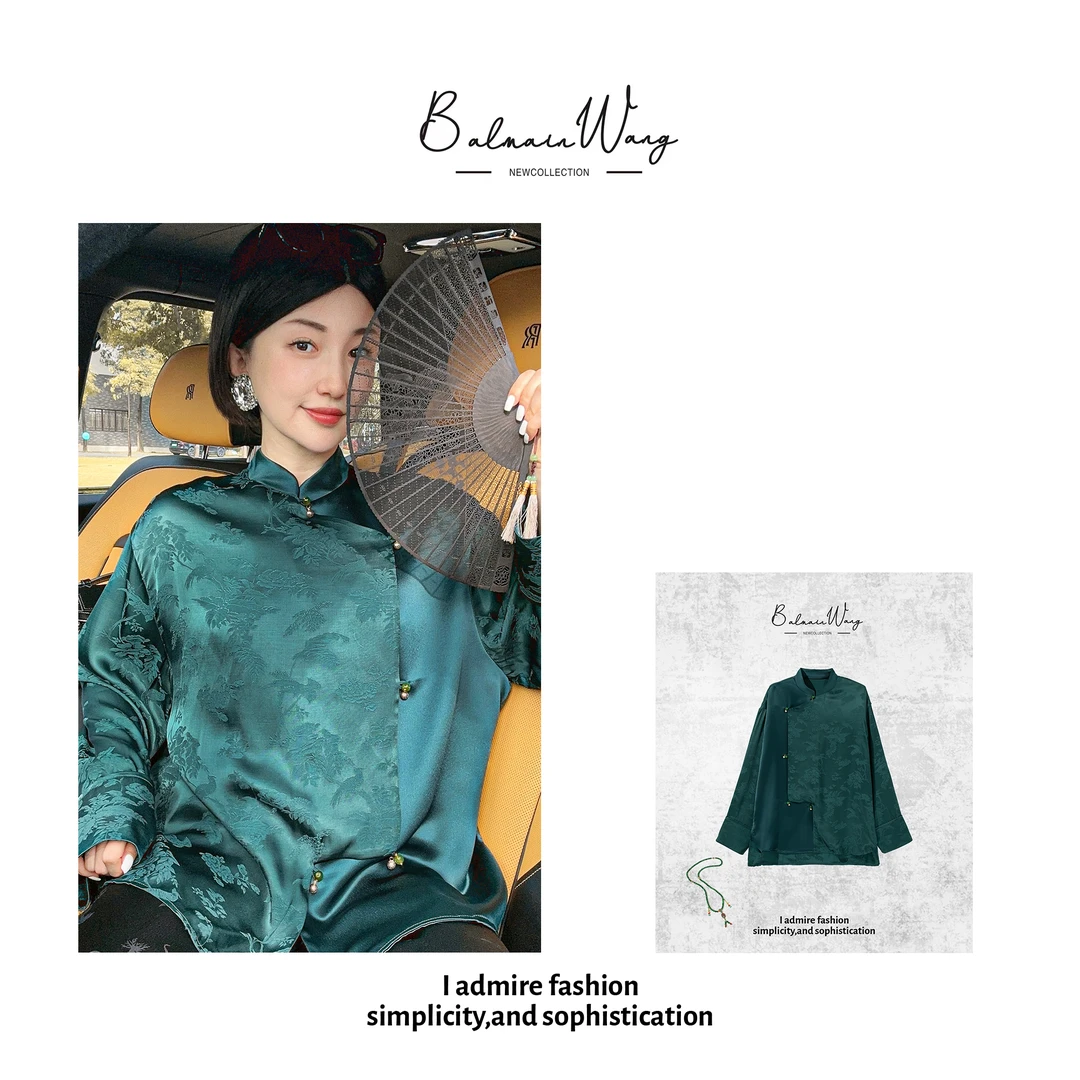 LIU HAHA【湖畔】 蓝绿色新中式百搭圆领衬衫 23FBW177