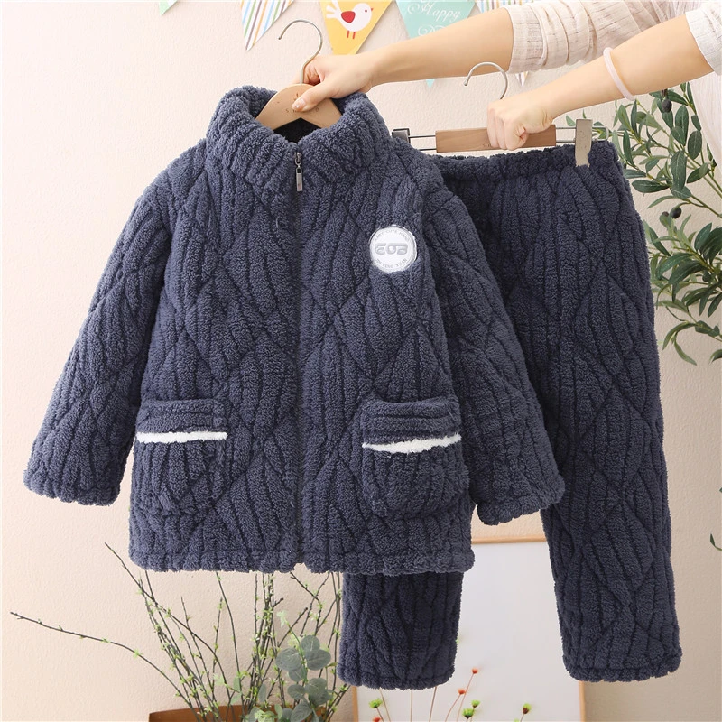 2024儿童睡衣三层加绒加厚拉链外穿保暖家居服套装珊瑚绒儿童睡衣