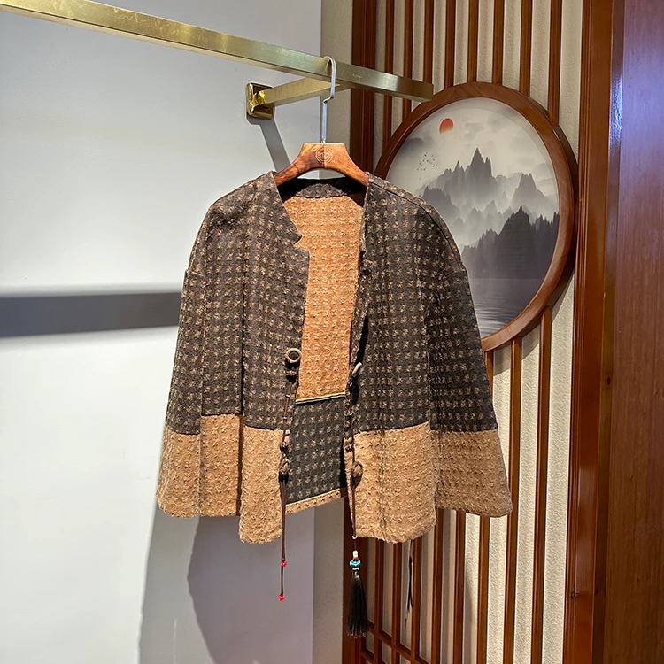 唐一真丝【100%桑蚕丝】老料香云纱中式双面穿茶服秋款短外套宽松女