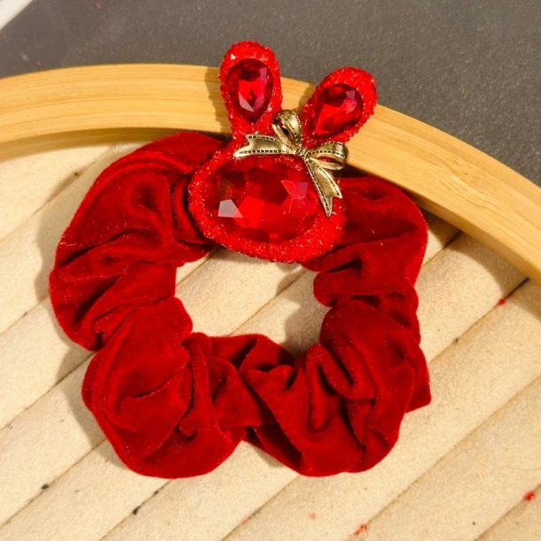 新年红中国红丝绒兔发圈满钻兔兔