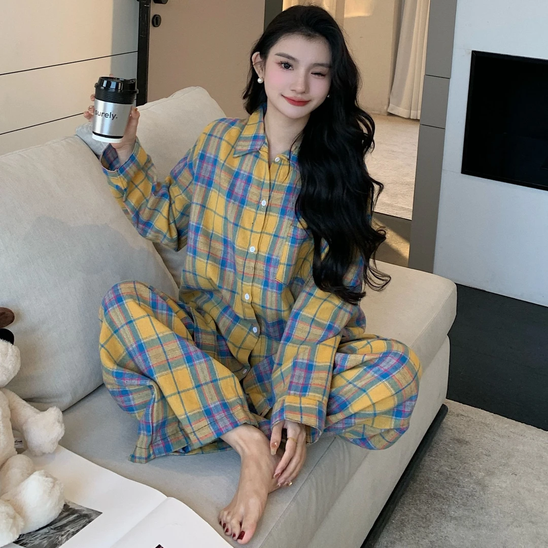 法式黄色格子衬衫衬衣外套女春秋季2024年新款小个子长袖上衣睡衣