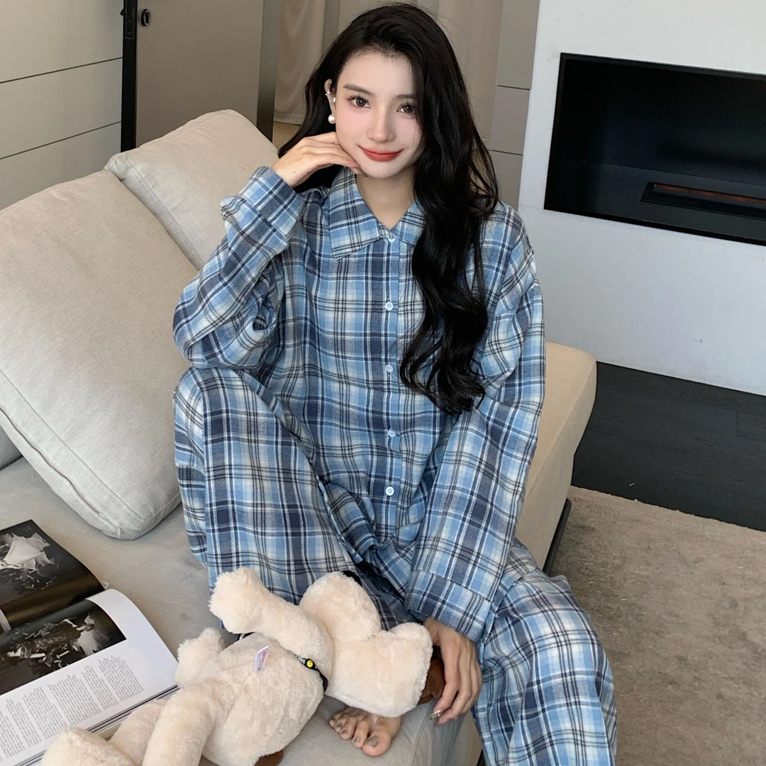 美式复古蓝色格子衬衫春秋设计感长袖衬衣bm宽松外套家居服套装