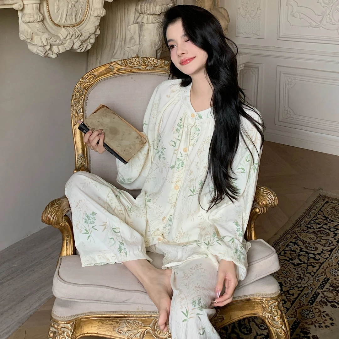 2睡衣女绵纱春秋季2024年新款国风家居服套装可外穿长袖长裤