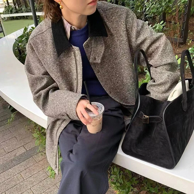 2024年秋新款韩复古慵懒通勤百搭翻领加棉羊毛夹克外套