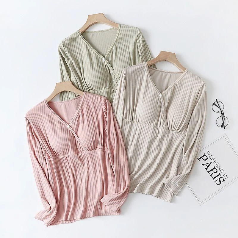 哺乳睡衣上衣长袖内外穿孕妇喂奶打底衫宽松大码月子服春夏季薄款