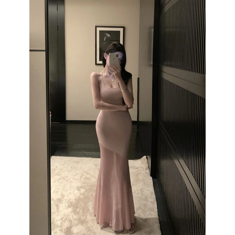 网红超火【Muse女神】气质吊带藕粉针织半透鱼尾长裙U领纯欲连衣裙