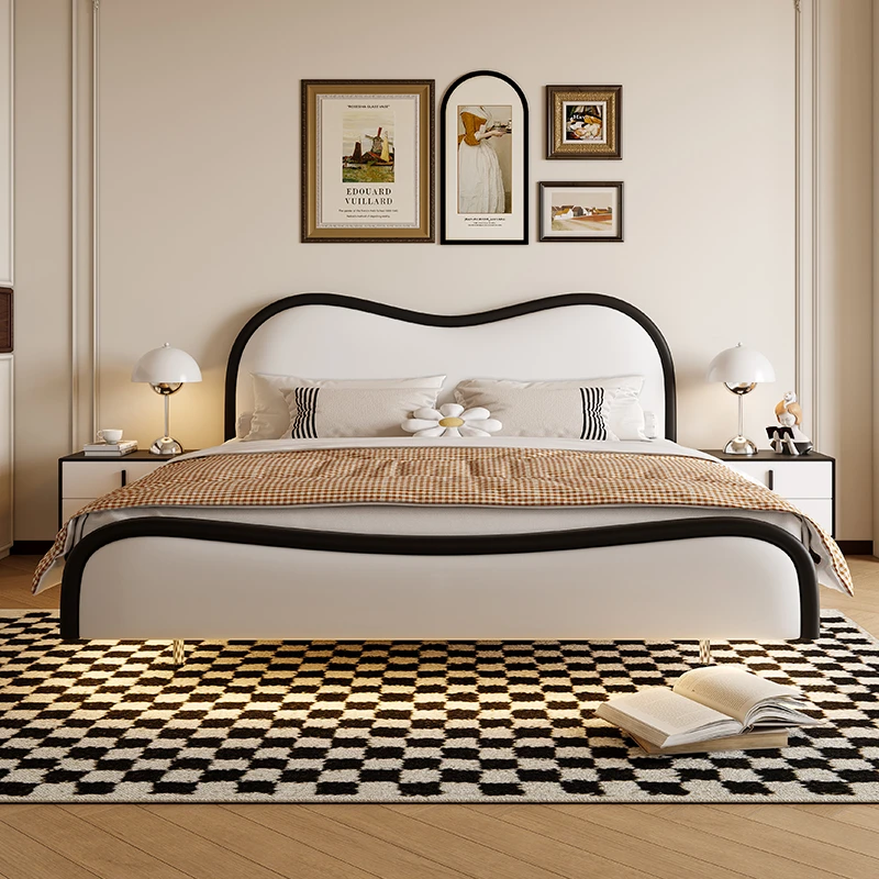 法式极简波浪家居时尚奶油风真皮双人软床双人床悬浮床感应灯主卧