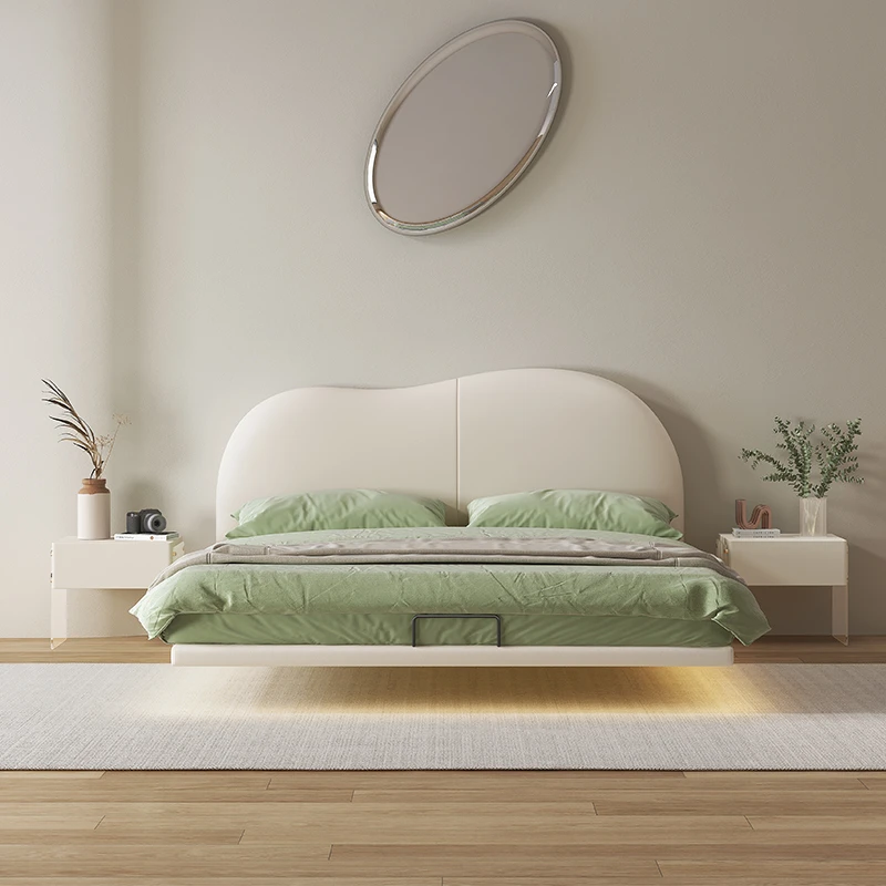 意式简约轻奢时尚静音奶油风双人床云朵感应灯带悬浮软包床主卧室