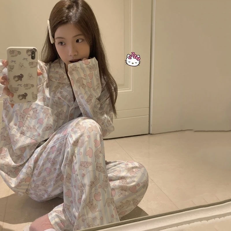 【爱心猫咪】ins睡衣女宽松甜美可爱长袖长裤少女宽松家居服套装