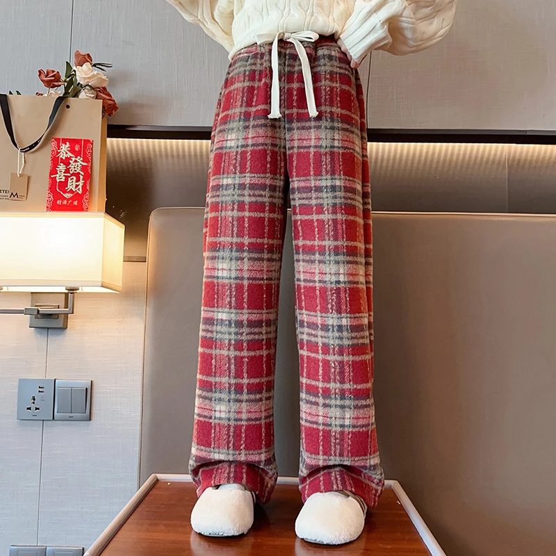 女童加绒休闲裤子秋冬款2024新款女大童冬季一体绒儿童格子阔腿裤