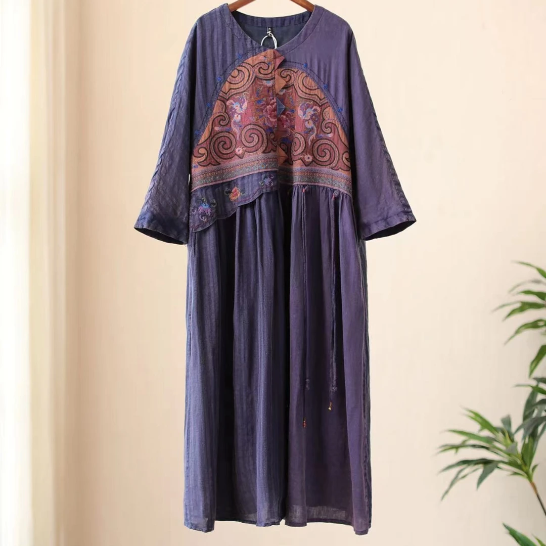 闲云青烟（再见时光）气质宽松百搭宽松国风刺绣休闲九分袖连衣裙