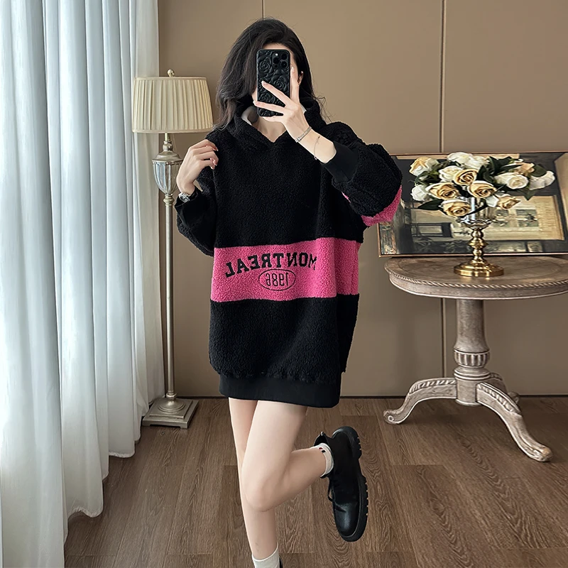 网红炸街韩版拼色慵懒风卫衣女2025秋冬新款加厚连帽中长款上衣潮