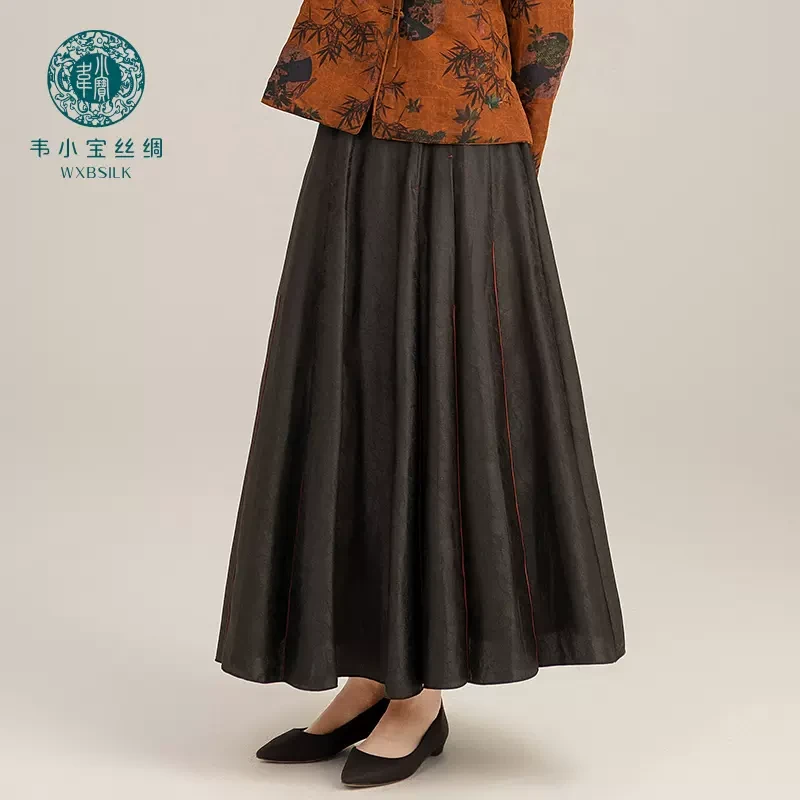 韦小宝秋冬新款黑色半截裙香云纱裙子半身裙2091143045