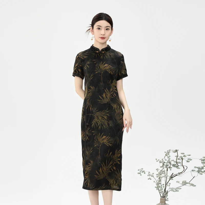 韦小宝2024春夏桑蚕丝薄香云纱复古竹叶中国风连衣裙6421147004