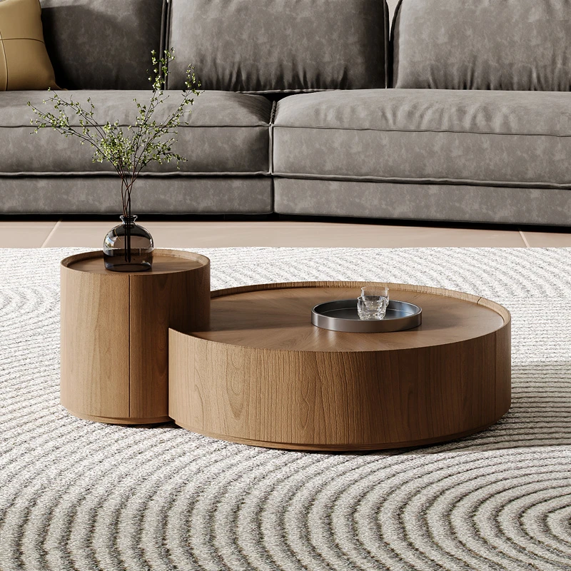 侘寂风圆形胡桃木茶几组合轻奢客厅家用设计师款茶几中古风高级感