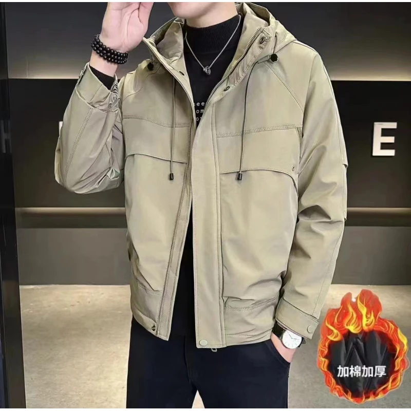 秋冬季新款男装加棉加厚连帽冲锋衣外套潮流时尚休闲百搭工装外套