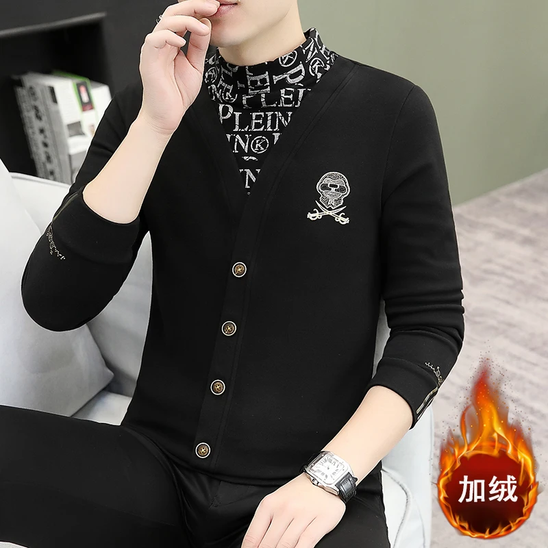 男士半高领假两件新款德绒打底衫修身中领加绒长袖保暖上衣卫衣男