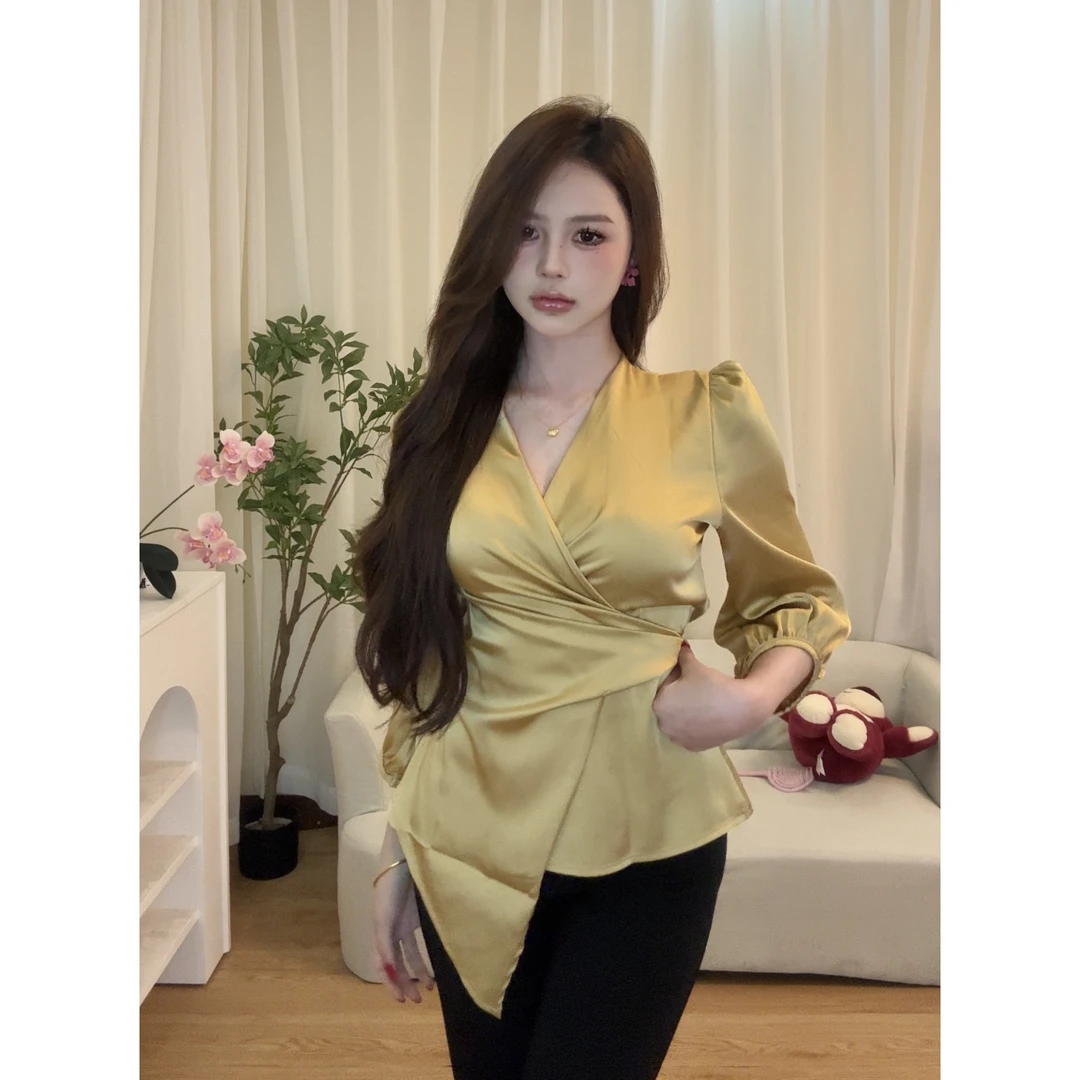 春夏百搭显瘦轻熟风设计感绑带V领紫色系带衬衫法式收腰小众衬衣