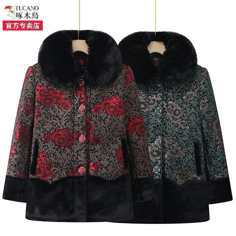 啄木鸟品牌中年妈妈装冬棉服加绒加厚新款中老年女装冬季棉袄