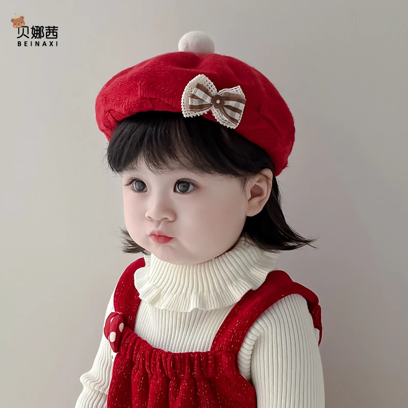 Beinaqian/贝娜茜婴儿帽子秋冬宝宝洋气针织帽婴幼儿小月龄贝雷帽