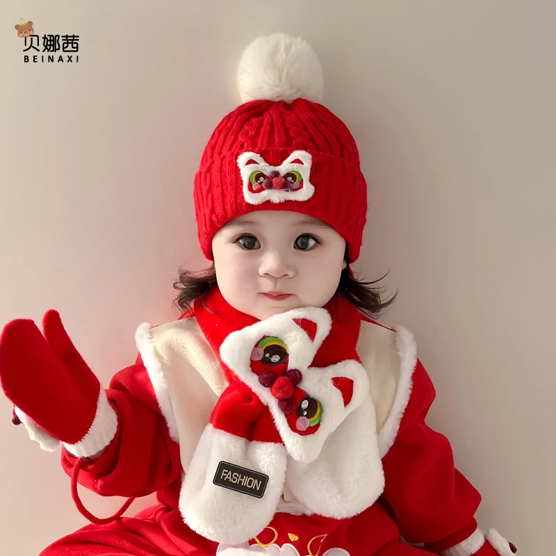 宝宝帽子秋冬红色过年毛线帽女童虎头帽防风保暖男童帽子新款冬天