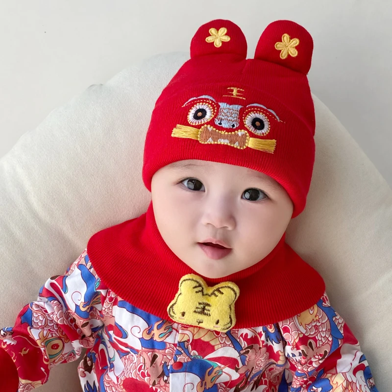 婴儿帽春秋款女宝宝男红色网红款针织帽新生儿冬季保暖护耳毛线帽