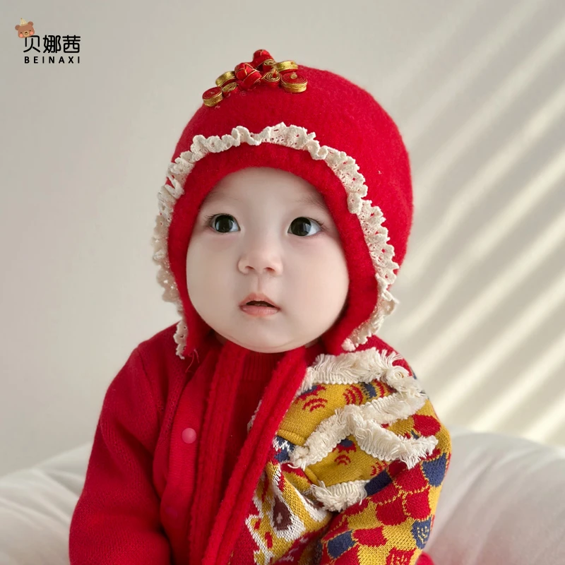 Beinaqian/贝娜茜婴儿帽子秋冬季红色喜庆过年帽新生儿宝宝周岁帽