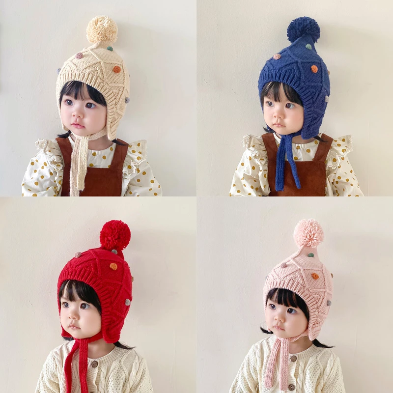 婴儿帽子秋冬季针织毛线帽婴幼儿防风护耳帽女宝宝外出加厚保暖冬
