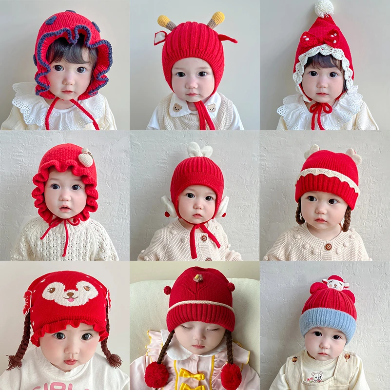 婴儿帽子秋冬季女宝宝过年红色可爱超萌毛线帽新年护耳手工针织帽