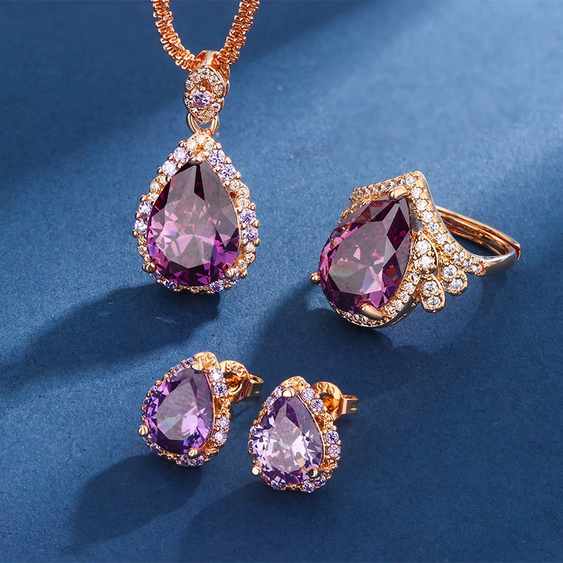 商城专属【三件套九紫】奢华豪镶女神项链吊坠耳钉戒指甜美气质精致