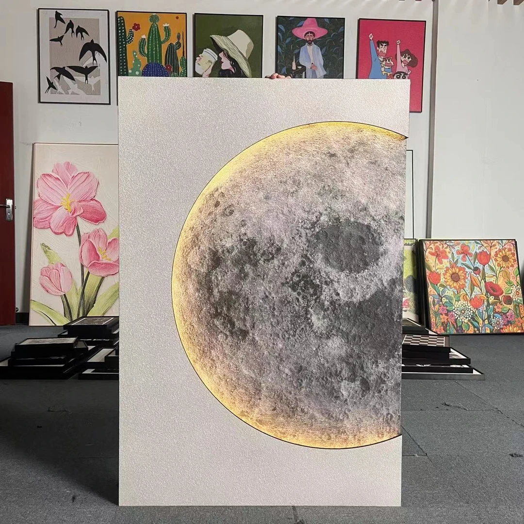 BB现代简约风客厅装饰画月球沙发背景墙画现代高级感砂岩玄关灯画