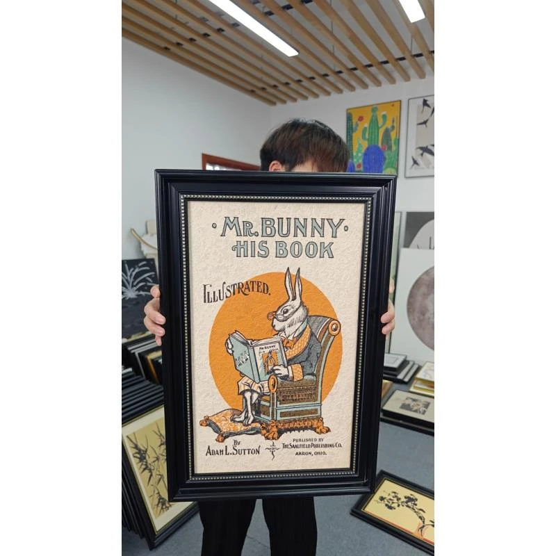 砂岩欧框看书兔子装饰画复古文艺高级感玄关卧室壁画装饰画146