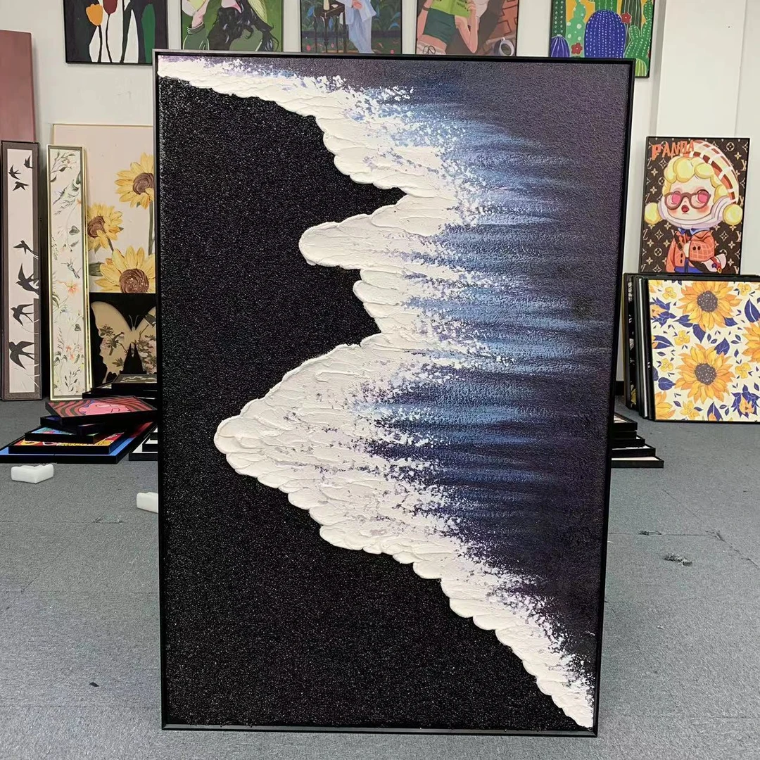 手绘油画简约现代北欧黑白极简冷风版海滩装饰画抽象客厅玄关8120